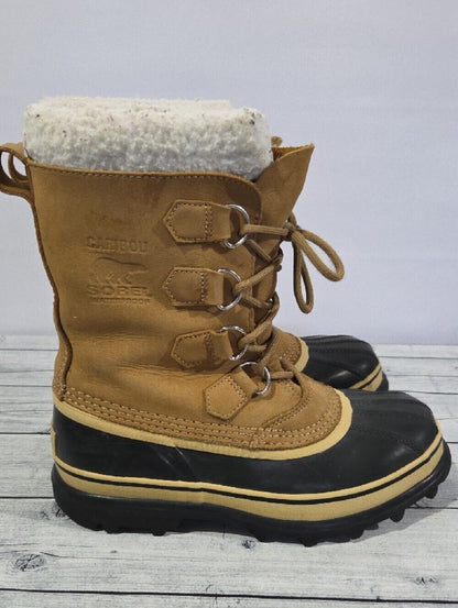 Sorel Caribou Tan and Black Insulated Waterproof Lace-Up Snow Boots Size 8