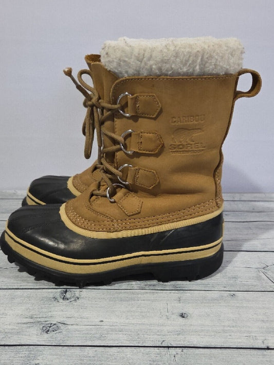 Sorel Caribou Tan and Black Insulated Waterproof Lace-Up Snow Boots Size 8