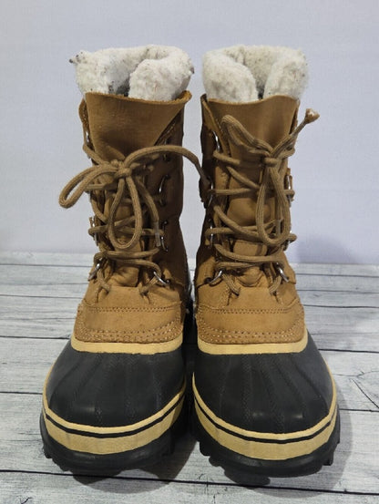 Sorel Caribou Tan and Black Insulated Waterproof Lace-Up Snow Boots Size 8