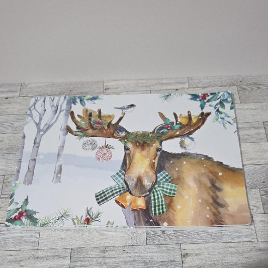 Set Of 5 Festive Moose Holiday Vinyl Placemats
