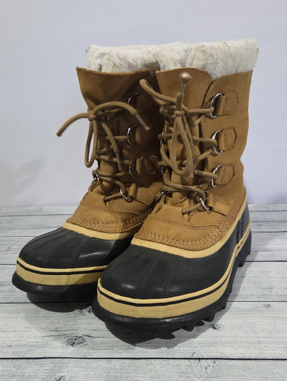 Sorel Caribou Tan and Black Insulated Waterproof Lace-Up Snow Boots Size 8