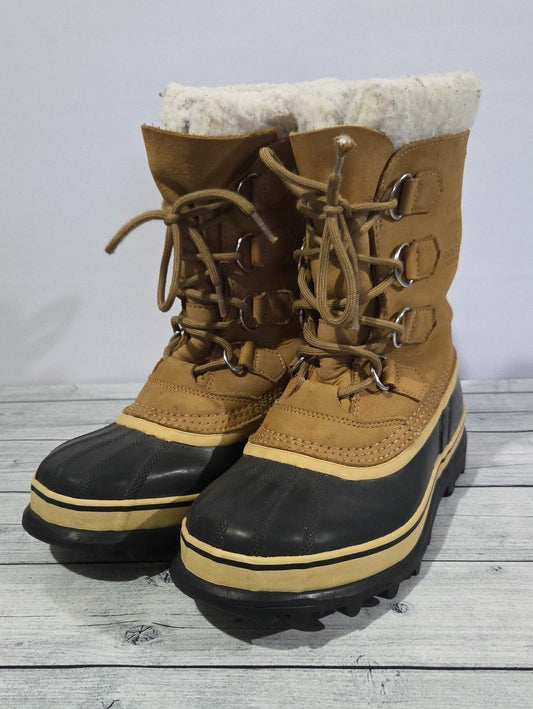 Sorel Caribou Tan and Black Insulated Waterproof Lace-Up Snow Boots Size 8